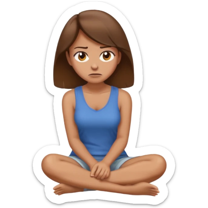 frustrated woman with brown hair sitting sideways on the floor, looking away, emoji style sticker