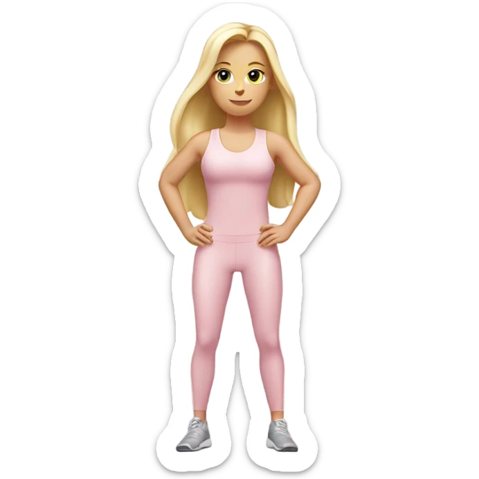 A blonde white girl in a light pink fitness suit with a full-length fitness mat sticker