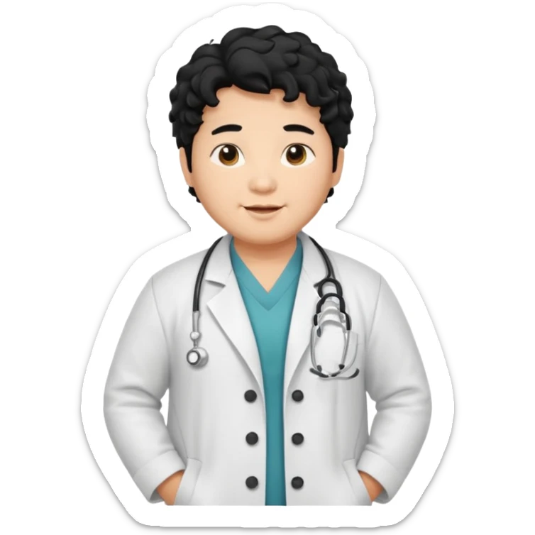 a young asian chubby male doctor with very black long curly hair and cheerful face without gpasses sticker