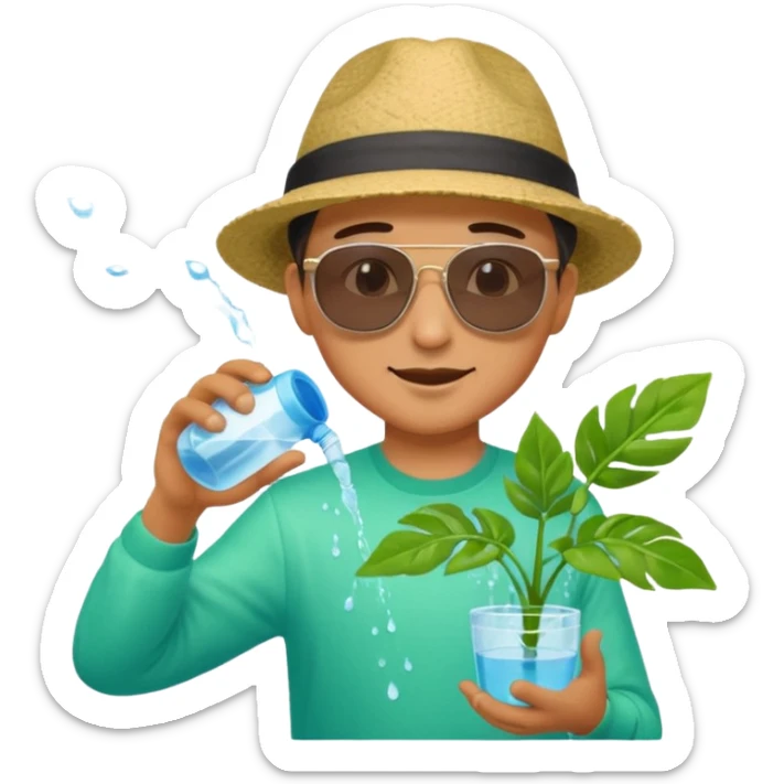 Realistic illustration of a man pouring water onto a green plant, standing outdoors in daylight, with a watering can in hand, gentle and caring expression, vibrant garden background, soft natural lighting, highly detailed, professional composition." sticker