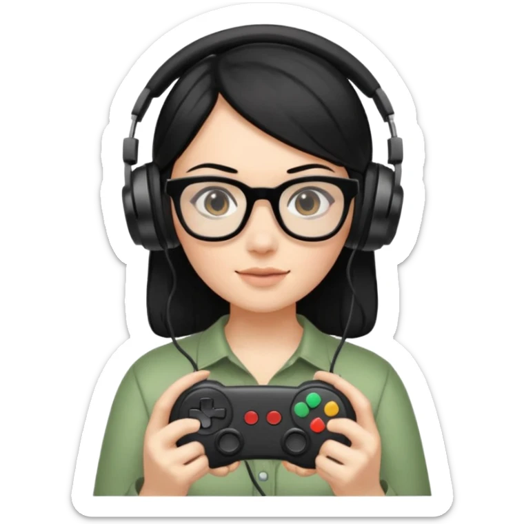 
gamer, woman shiny black hair no eyebrows with glasses, headphone, gamepad sticker