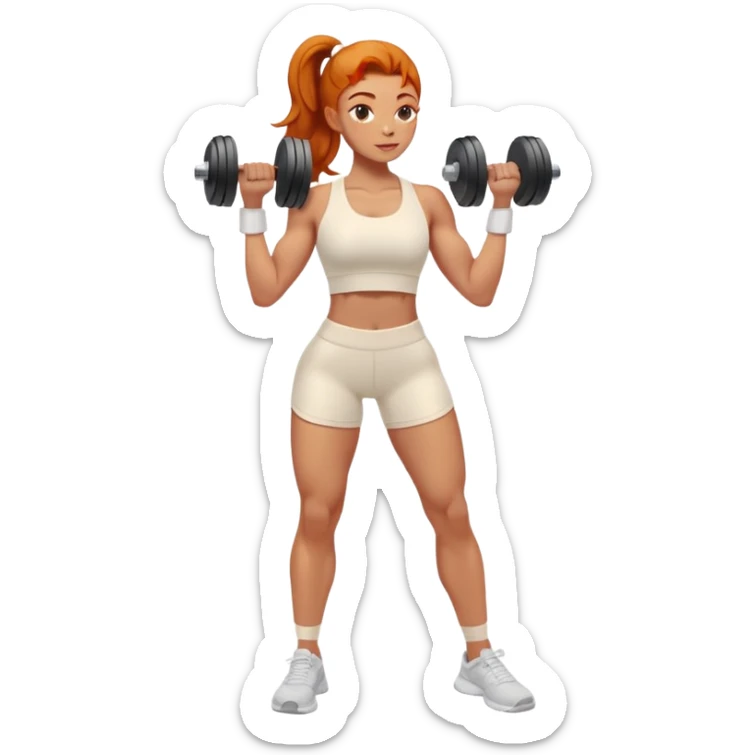 Ginger gym girl standing sideways with dumbbells and cream athleisure clothes sticker
