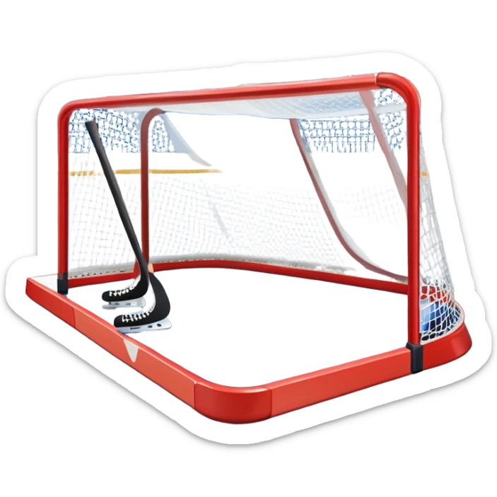 An icon showing a hockey stick, puck, skates, and goalposts on the ice. The background features a large hockey stadium with cheering fans, bright lights, and a snowy landscape visible through the arena. Transparent background highlights the main hockey equipment and atmosphere. sticker