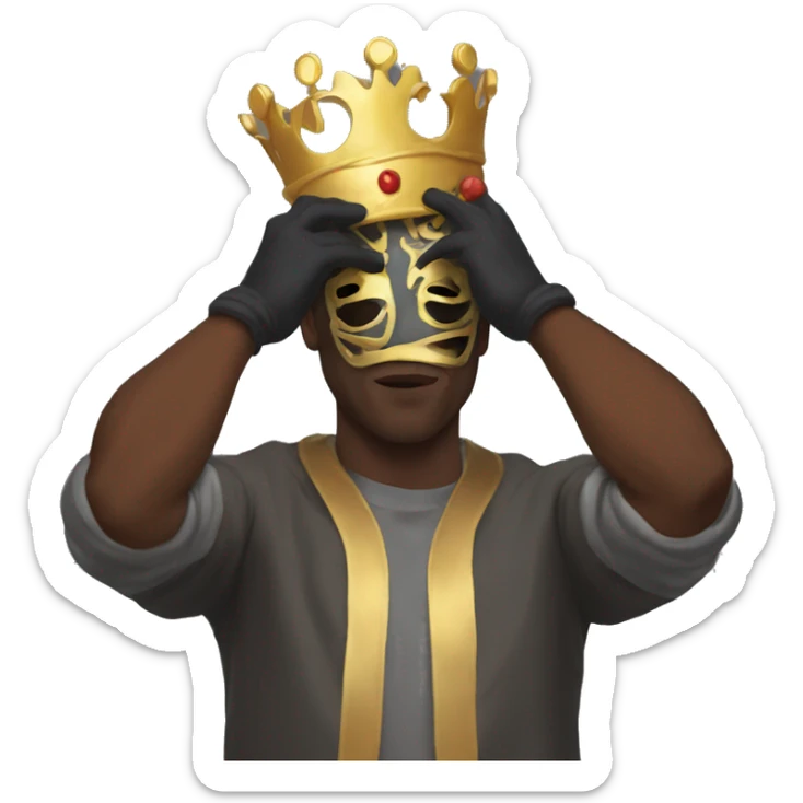 man with a mask on holding his hand up and his facedown like a king baldwin meme sticker