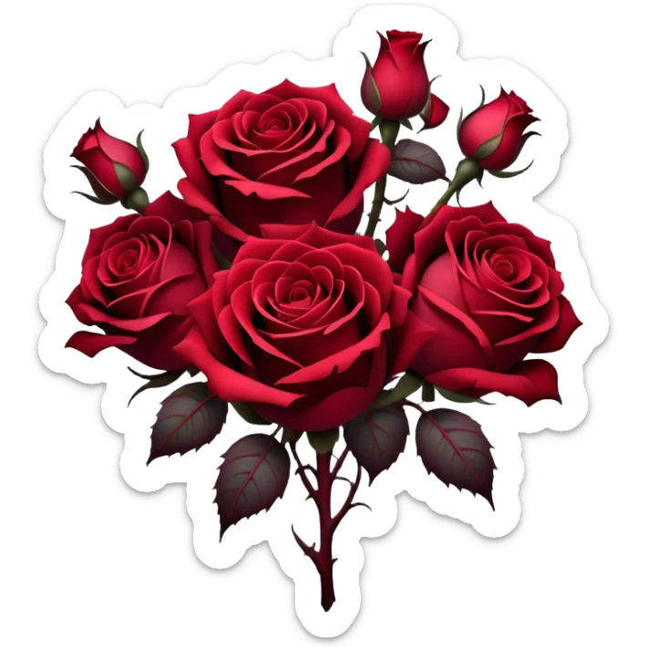 A surreal bouquet of Gothic roses, their petals drenched in crimson hues, from Venetian red to rustic tones, glowing against a dark, misty backdrop. The air is heavy with an eerie, romantic atmosphere, as if the flowers hold secrets of the past.
 sticker