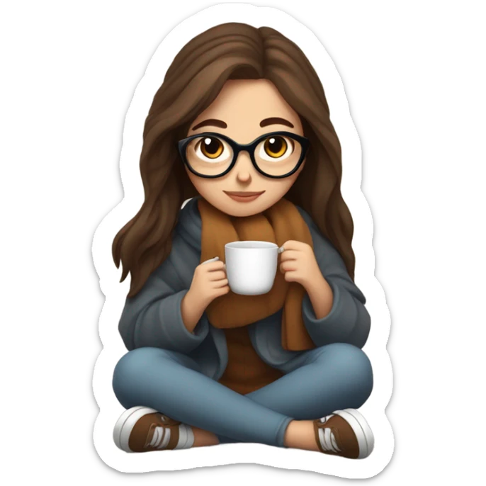 Brown hair Girl drinking coffee, with a cozy blanket wearing glasses with book and cat on her lap sticker
