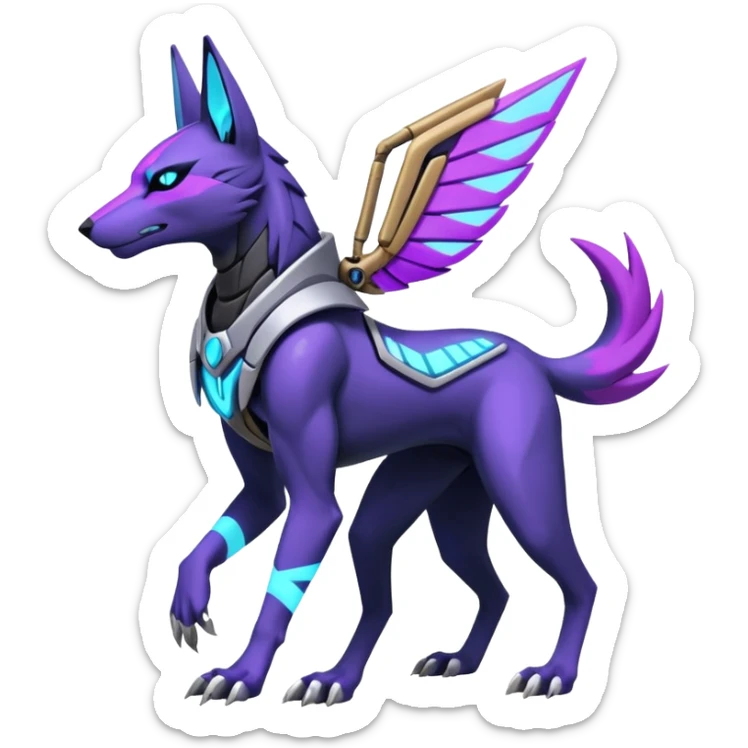 Silver and indigo and purple and violet cyberpunk intricate neon glowing grey white futuristic cyborg-Anubis-Zeraora-Zoroark-fusion (full body) sticker