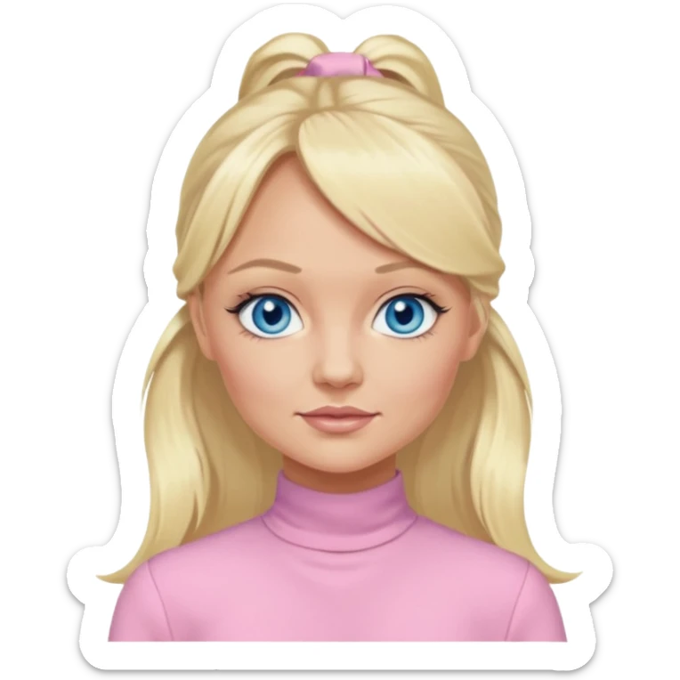 Emma Bunton blue eyes, long blonde ponytail hair, light pink outfit sticker
