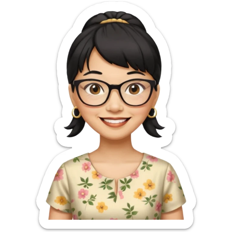filipino woman black hair in one pony tail with straight bangs and big glasses, 60 yr old, nice dress

 sticker