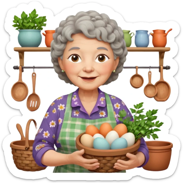 cheerful elderly rural woman, chubby cheeks, short curly gray hair, floral blouse, colorful apron, holding basket of eggs and herbs, pastel tones, expressive eyes, Chilean rural kitchen with clay pots, warm inviting lighting, clean vector look sticker