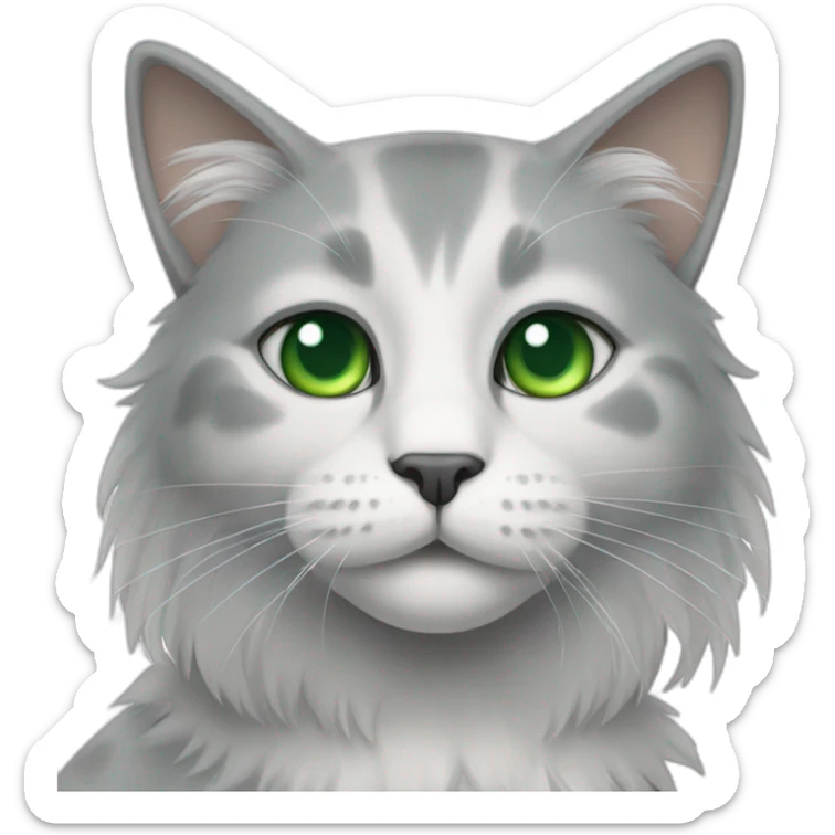 a gray and white cat with green eyes and long hair and a gray spot on the right side of the nose sticker