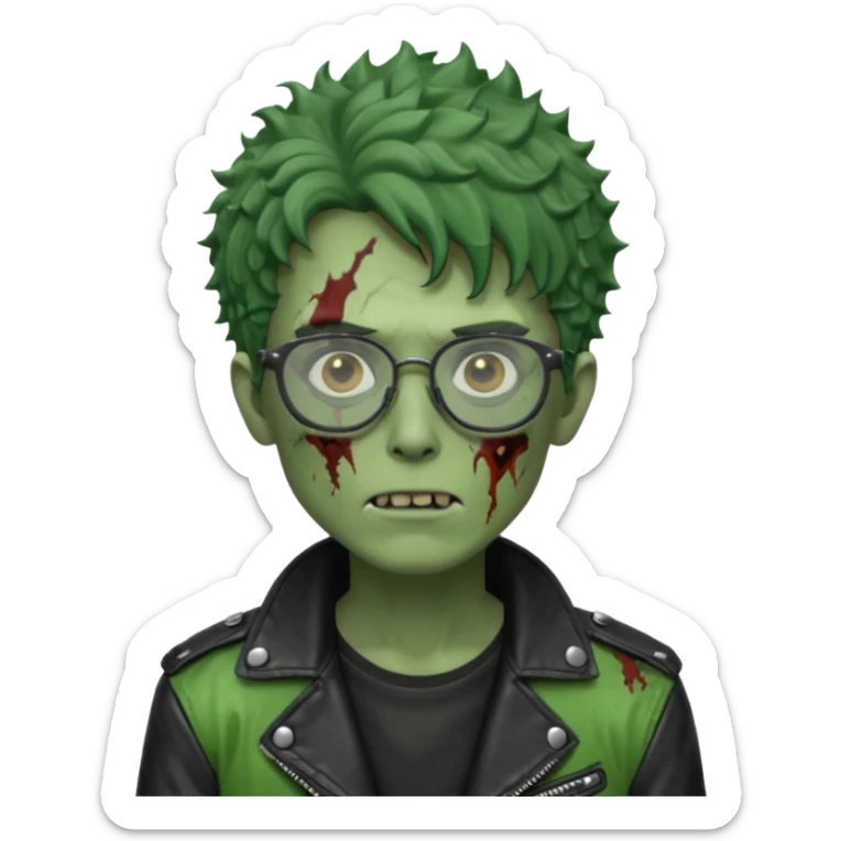 Hombre zombie de piel verde con chaqueta de cuero punk, pelo rizado corto y gafas sticker