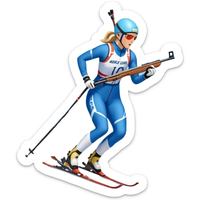 An icon featuring a biathlete in motion, holding a rifle and skiing across a snowy course. The backdrop includes snow-covered trees, distant mountains, and a clear blue sky. Transparent background highlights the precision, endurance, and excitement of biathlon. sticker
