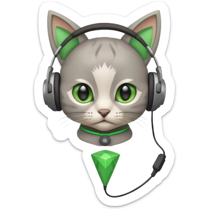 a small little grey kitten sitting on a seat and wearing headphones and there is a green rhombus over her head sticker