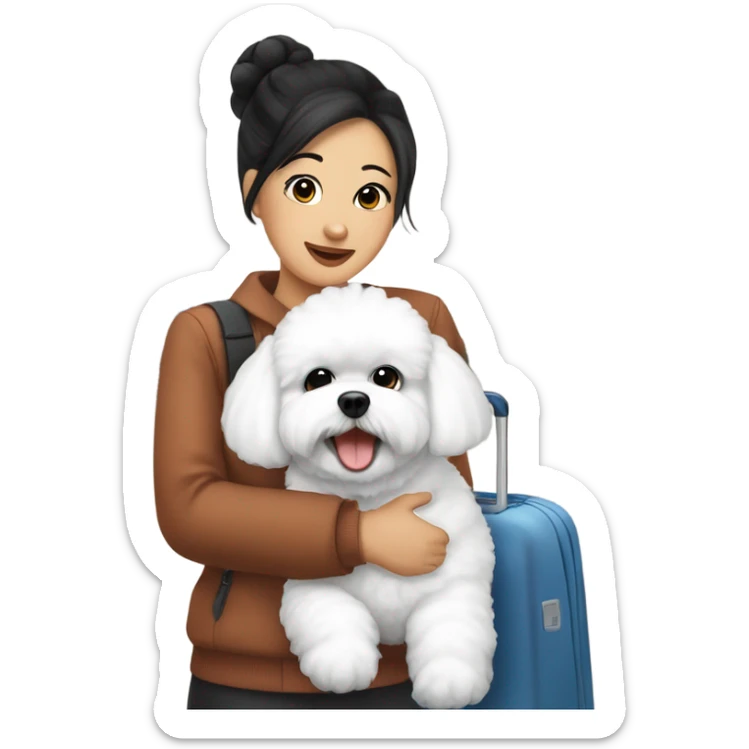 An Asian woman, with black hair in a bun, holding a cute and happy Bichon Frise at the airport  sticker