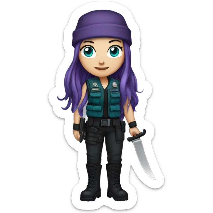 White Girl, tactical vest, dark pants, long teal hair, blue eyes, purple beanie hat, knife, black combat boots sticker