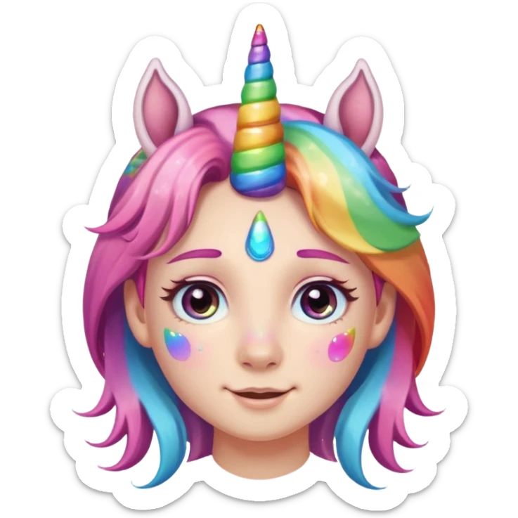 blush face subtle smile with cute eyes rainbow tears and a unicorn rainbow horn on its head sticker