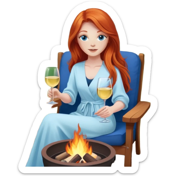 redhead with long hair and blue eyes holding white wine sitting in chair beside fire pit in backyard sticker