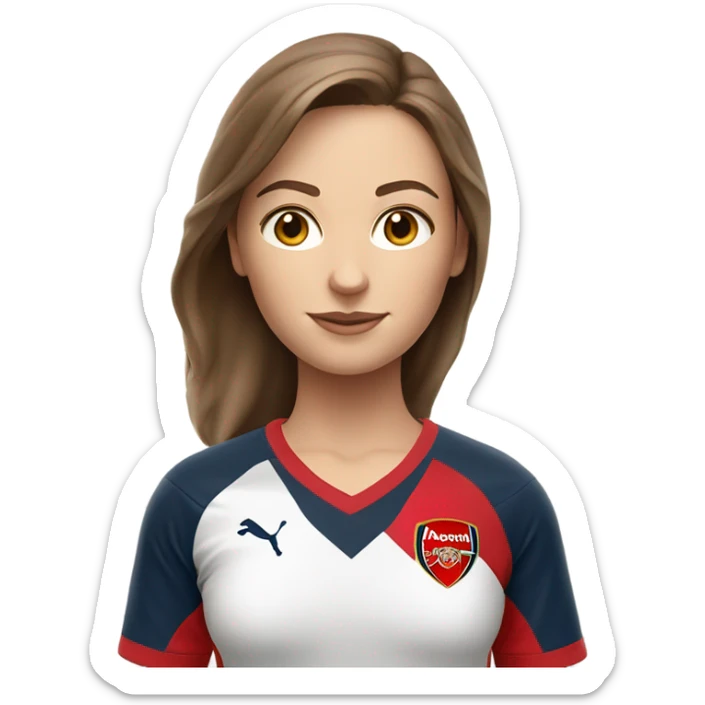 Pretty white woman with medium brown hair holding a soccer ball and wearing an Arsenal jersey sticker