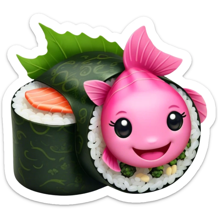 Cute Kawaii Maki Sushi Roll, small and round, wrapped in soft dark green seaweed, tiny grains of rice peeking out, a bright pink fish filling, a cheerful smiling face! sticker