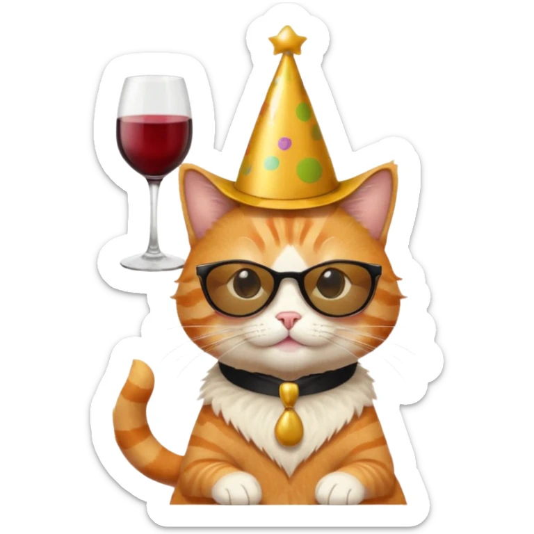 happy cat with a huge gold birthday hat, black sunglasses, and a wine glass sticker