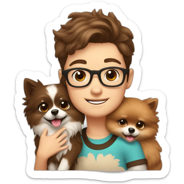 Boy in glasses and brown hair girl hug their cream color pomeranian  sticker