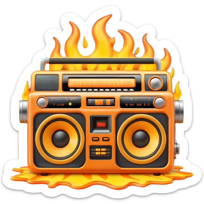 A cute 3D emoji of a retro boombox speaker with a funny shocked face, melting into orange and yellow flames, vibrant "fire" colors, high-end 3D render, white background. (This is a recreation of the fire emoji) sticker