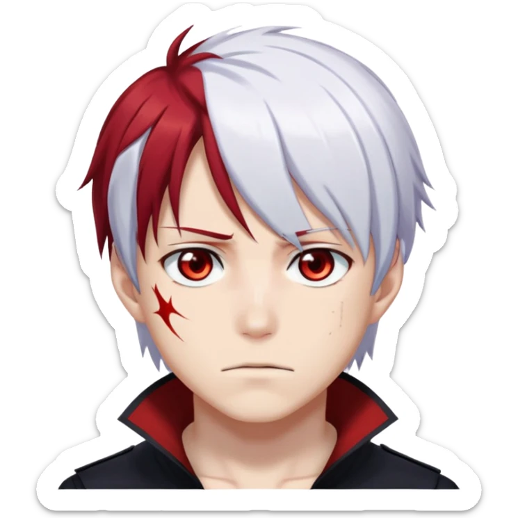 Shoto Todoroki face only, left side white hair, right side red hair, heterochromatic eyes, burn scar on left side of face, serious expression sticker