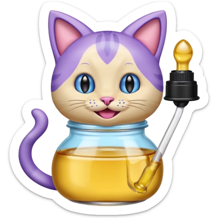 Smiling bottle of oil light purple top and light blue sticking tongue out and with cat ears sticker