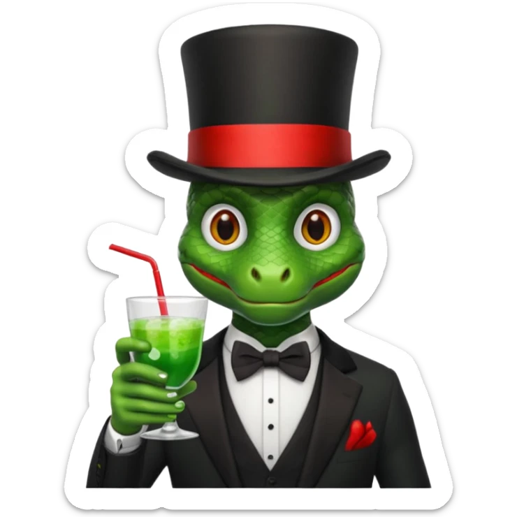 snake wearing suit, bowtie and top hat, holding a glass of green drink sticker
