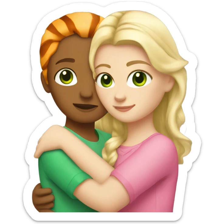 A blonde white girl with green eyes in pink hugs an orange tiger sticker