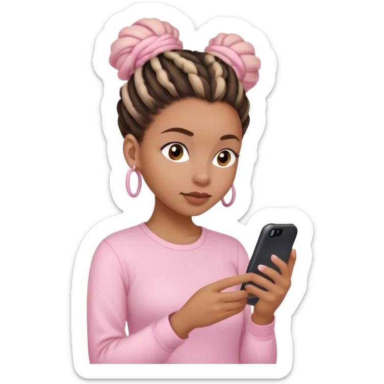 Dark brown woman wearing a light pink shirt and dreadlocks in bun texting on a Light pink phone sticker
