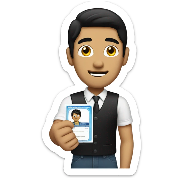 Create an emoji of a guy with black hair being proud holding and showing his license on his hand sticker