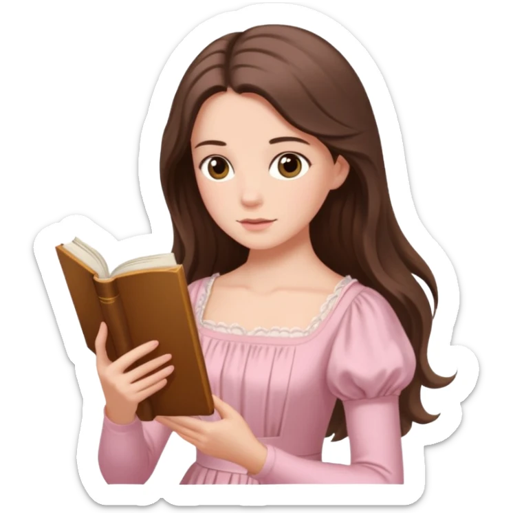  white long brunette hair girl with hazel eyes in light pink reading Pride and Prejudice sticker
