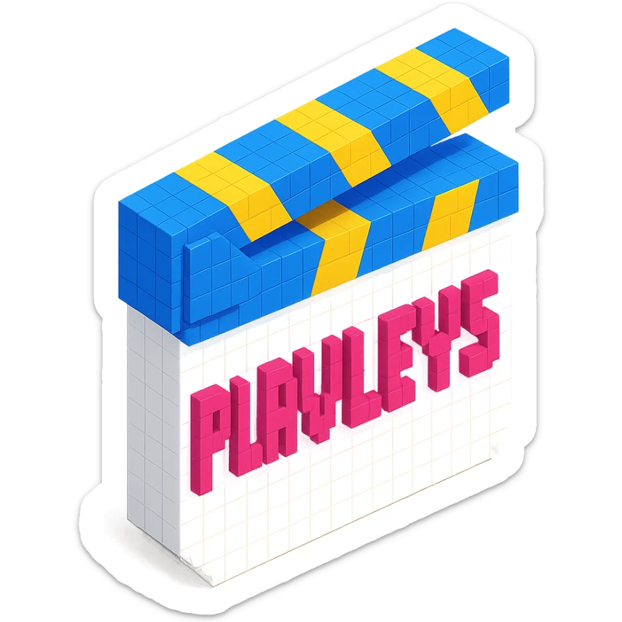 voxel style movie clapperboard, white body, blue and yellow lid, pink text 'PLAVLEYS', isometric view sticker