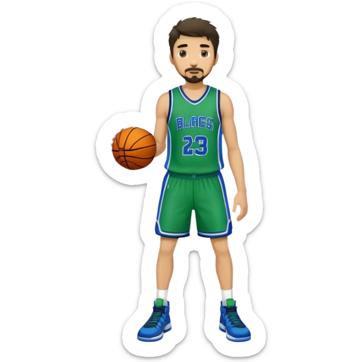 Full Body white male basketball player with short dark shaggy hair and goatee wearing green and blue uniform sticker