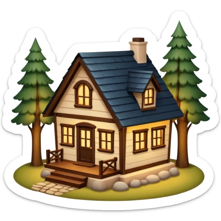 A cozy small house with warm lights coming from the windows, wooden details, surrounded by trees, peaceful atmosphere, soft lighting, charming and realistic
 sticker