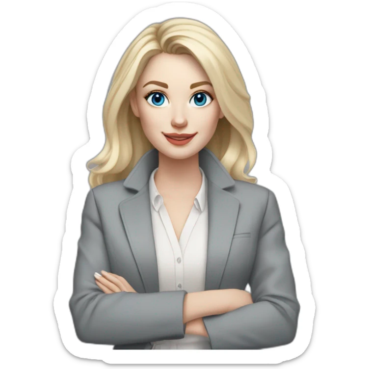 pale skin woman interior designer with cold blonde middle length hair, blue eyes, White blouse, Gray oversize jacket, Gray skirt holding a color palette in the hands sticker