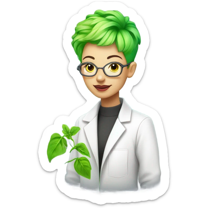 cybernetic scientist wearing a lab coat and holding a small plant, woman with neon green pixie cut with undercut sticker