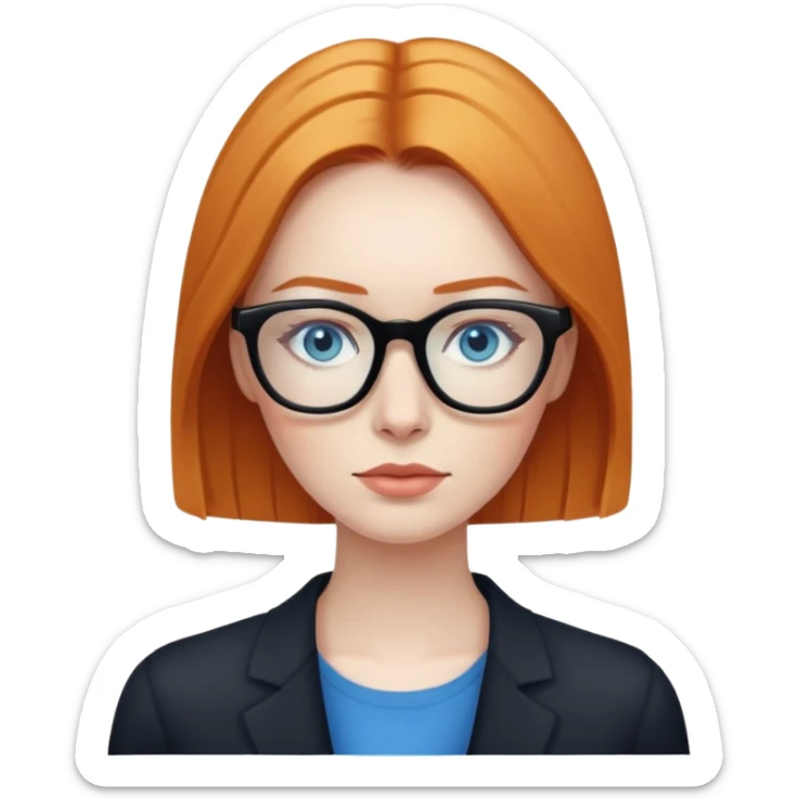 woman with pale skin, ginger straight hair, black glasses, blue eyes sticker