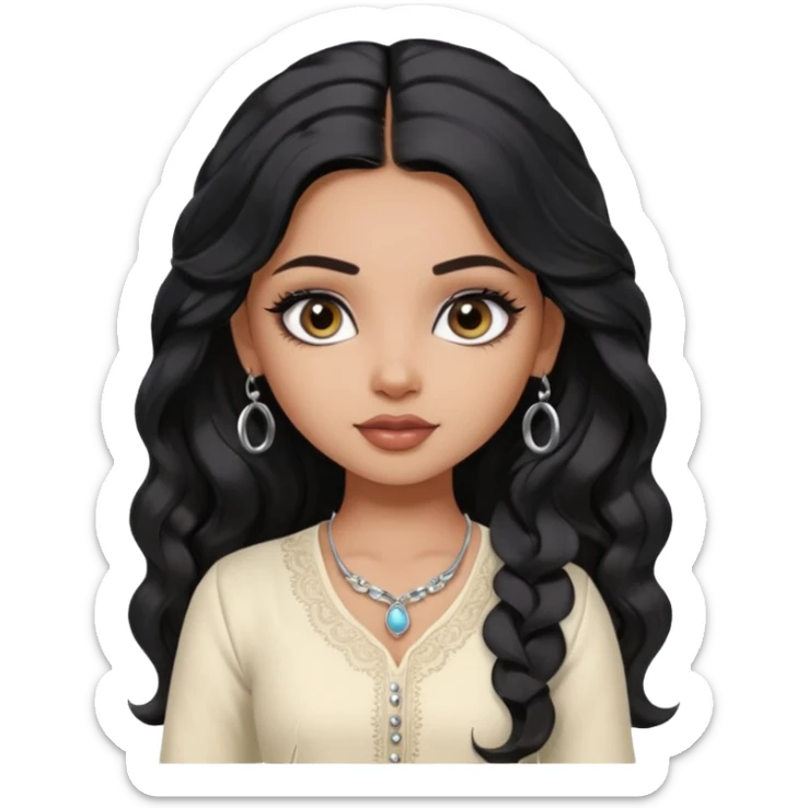 a pretty bratz dusky girl with long wavy black hair, kajal under eyes, small silver hoop. ivory coloured kurti sticker