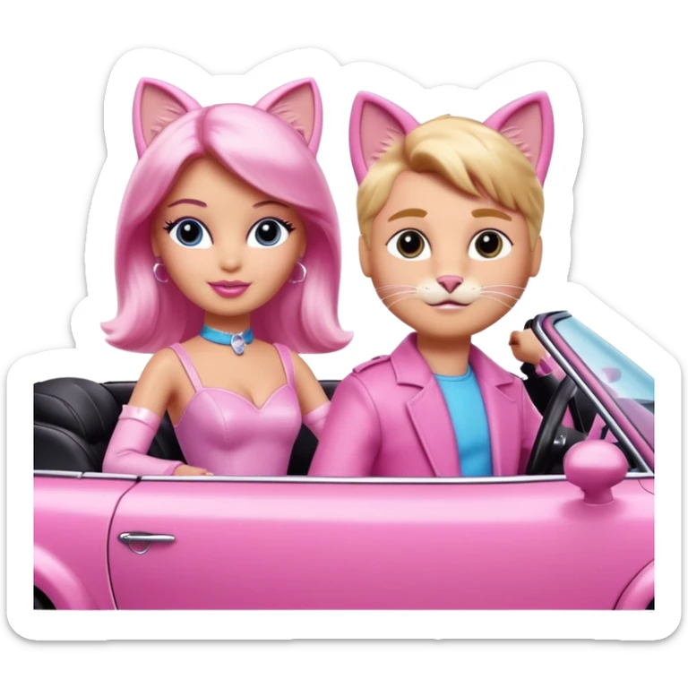 Barbie and Ken as cats, with visible whiskers and cat ears, wearing costumes, in a pink convertible sticker