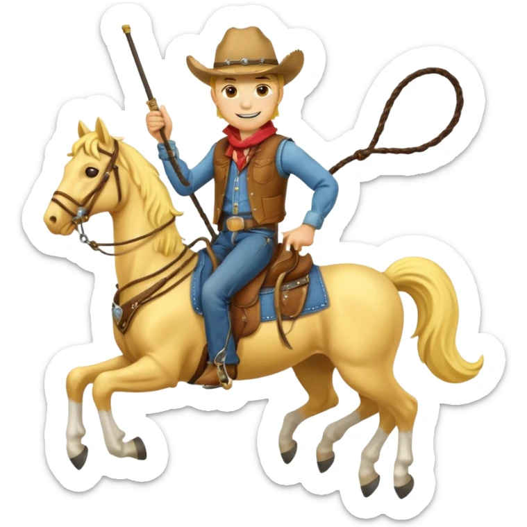 Cowboy riding a horse with whip. Cowboy With yellow skin and smilling. Simplize it and I need a full pic with horse. Like I need the leg part too sticker