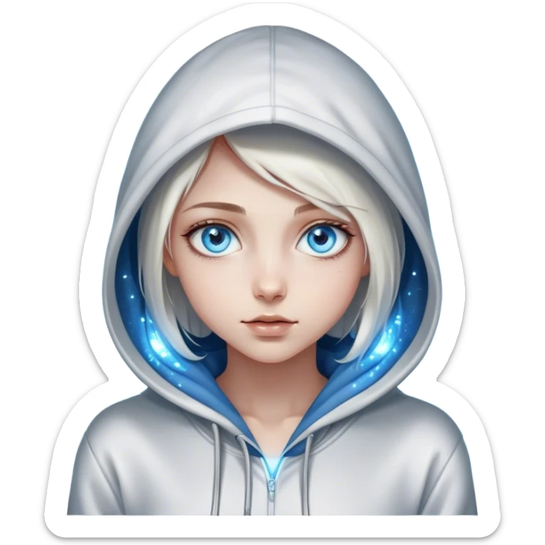 Cinematic girl with large sparkling blue eyes wearing a hoodie, Ultra realistic 32k HD, Breathtaking piece of art, rim lighting, hauntingly beautiful art, mostly greyscale, Balanced features, highly detailed digital artwork, glowing with silver light, glowing, high shine, deviant adoptable, highly detailed clothing, remembrance, a painting of white silver, fanciful, enchanting, ghostly, embodying the essence of both reality and fantasy, dreamy, dreamy glow, optical illusion, immaculate composition, complex pose, air composition. The image is so lifelike that it feels as though it could leap off the canvas at any moment sticker