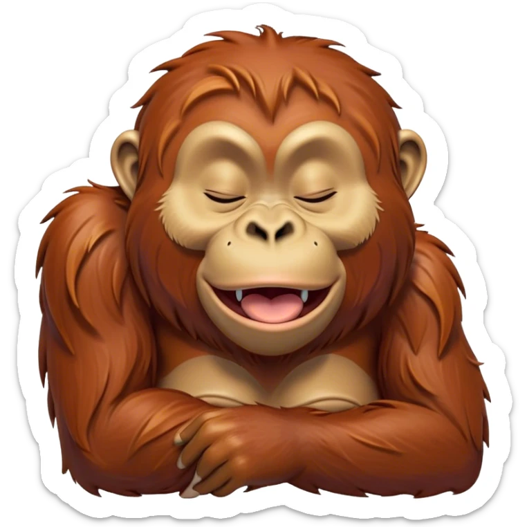 Cinematic Cute Yawning Orangutan Portrait Emoji, Head tilted slightly with a dramatic, wide-open yawn, showcasing a richly textured face with half-closed, sleepy eyes and a relaxed, open expression, Simplified yet irresistibly adorable features, highly detailed, glowing with a soft, cozy jungle glow, high shine, relaxed yet expressive, stylized with a dash of whimsical charm, soft glowing outline, capturing the essence of a drowsy yet affectionate guardian that appears ready to stretch out for a nap! sticker