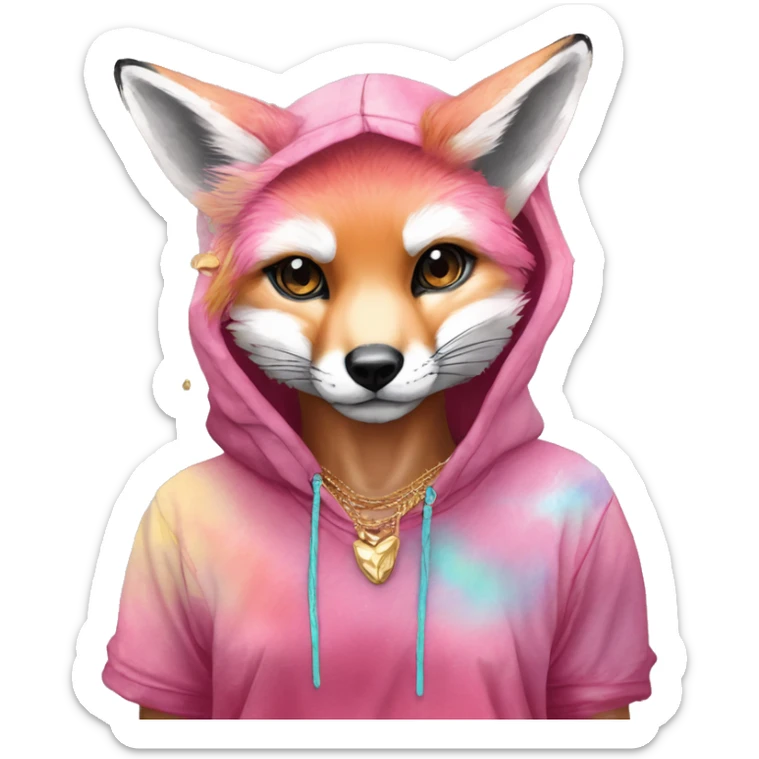 Pink magenta burgundy maroon cyan beige gray fox wearing a pink hoodie with gold jewellery gold piercings gold ear piercing gold nose piercing vintage watercolour tie dye black raven wings sticker