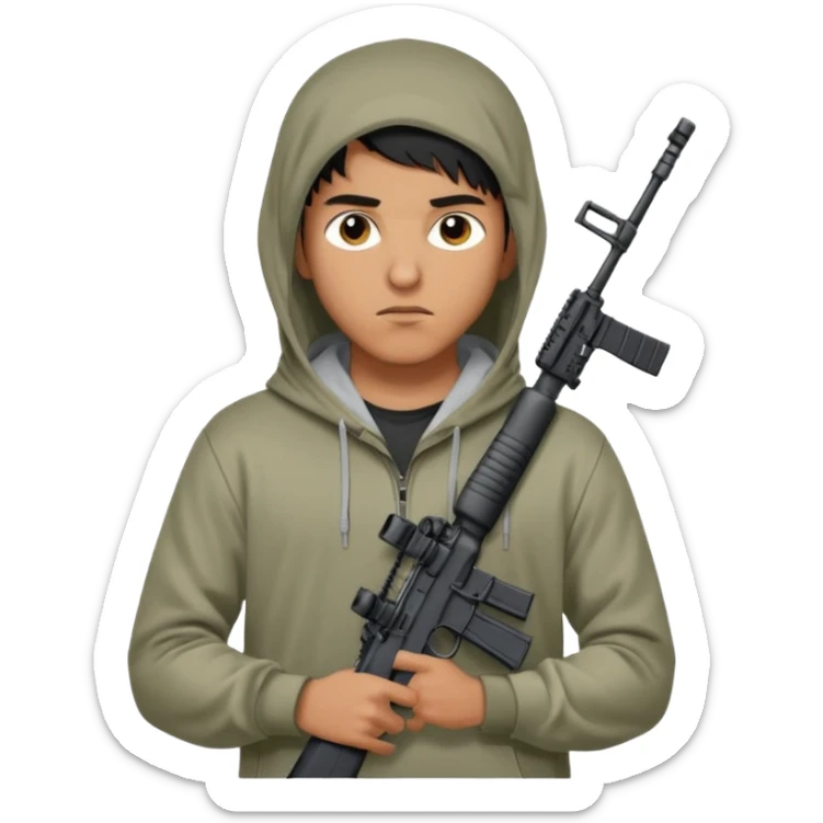 
Fais moi un jeune taliban qui ressemble qui tient une AR15 avec un hoodie a capuche, capuché, avec la cagoule nike therma fit hood sticker