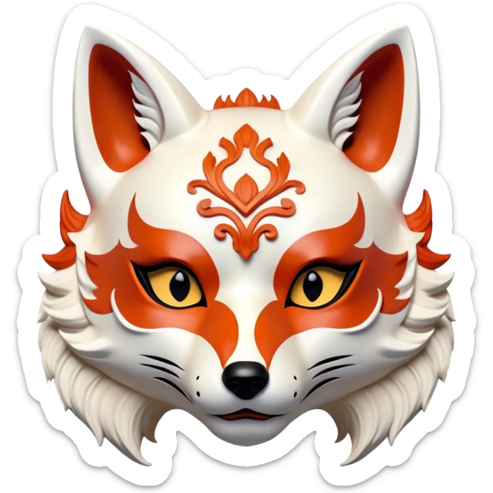 ​Cinematic Realistic Japanese Kitsune Mask, depicted as an intricately carved fox mask with flowing, delicate features and vivid traditional patterns, its mysterious eyes set against a softly blurred background that emphasizes its mystical allure and cultural significance, rendered with detailed textures and refined lighting, sticker