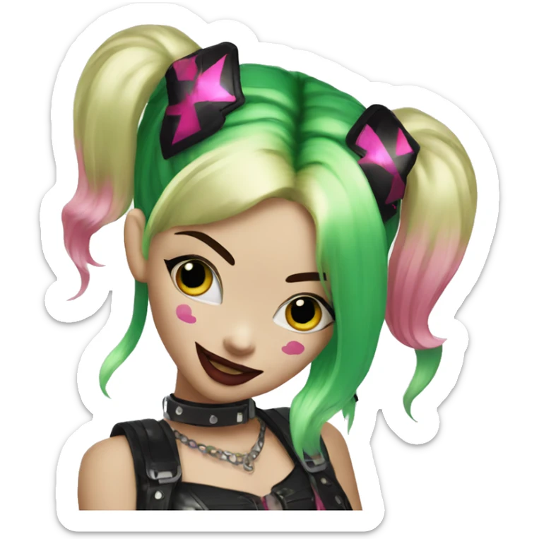 Sparkling goth punk Harley Quinn with blonde green and pink hair sticker