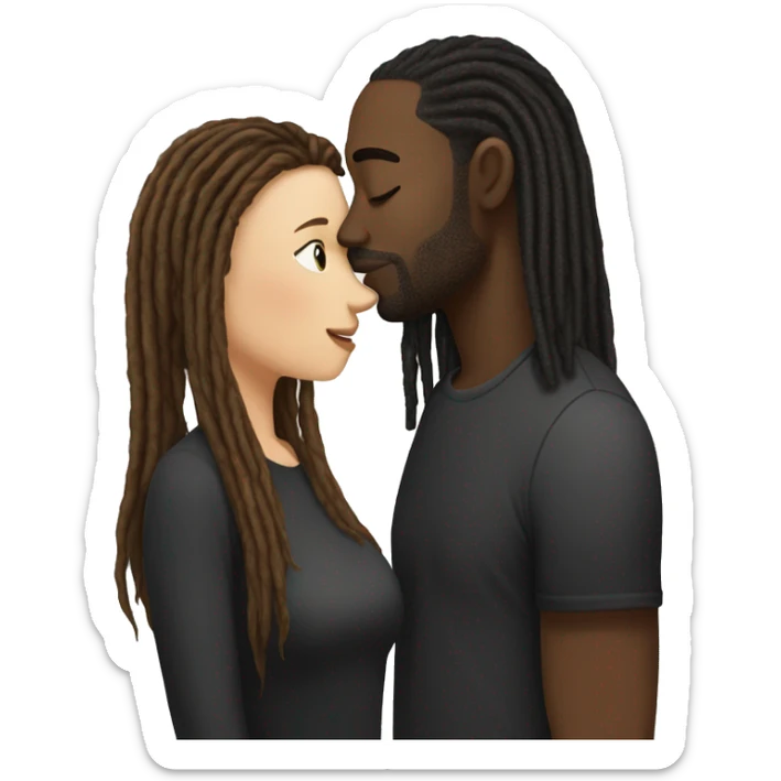 Fair skinned woman with brown straight hair kissing black man with dreads sticker